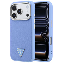 Husa iPhone 17 Pro Guess Grained Triangle Logo MagSafe, albastru, GUHMP18LPGSMTLSB