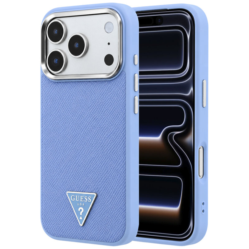 Husa iPhone 17 Pro Guess Grained Triangle Logo MagSafe, albastru, GUHMP18LPGSMTLSB