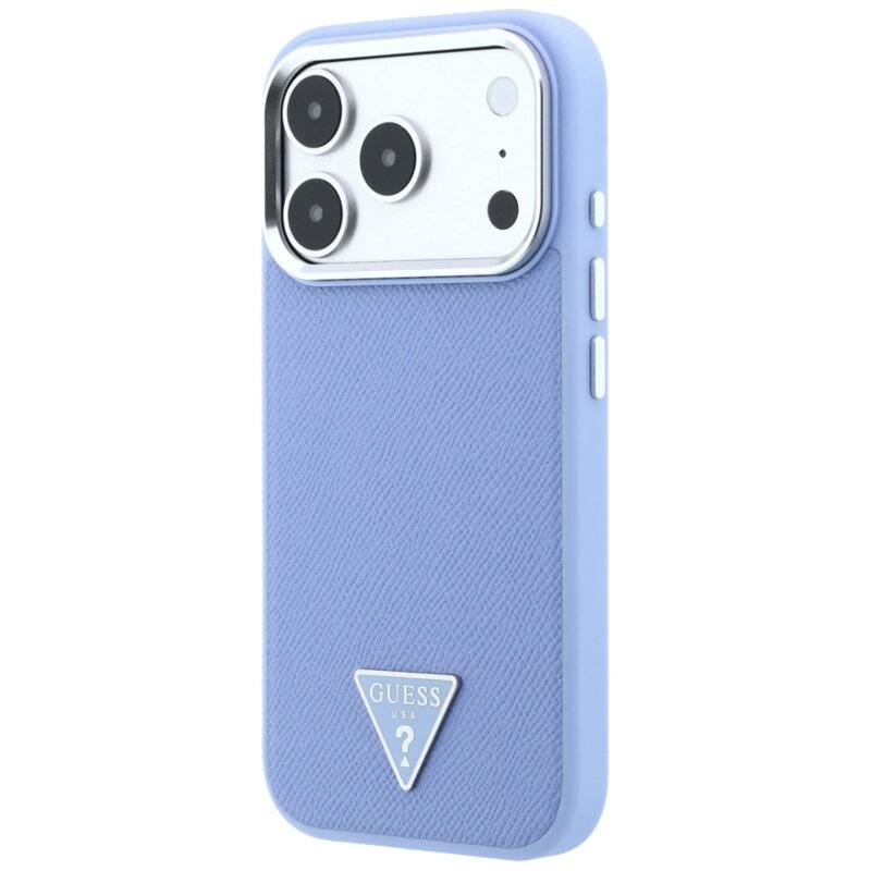 Husa iPhone 17 Pro Guess Grained Triangle Logo MagSafe, albastru, GUHMP18LPGSMTLSB