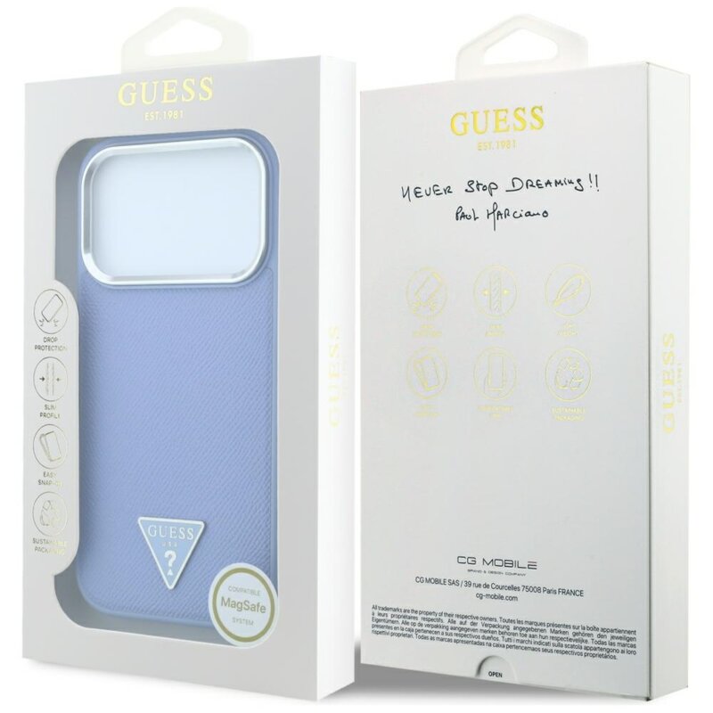 Husa iPhone 17 Pro Guess Grained Triangle Logo MagSafe, albastru, GUHMP18LPGSMTLSB