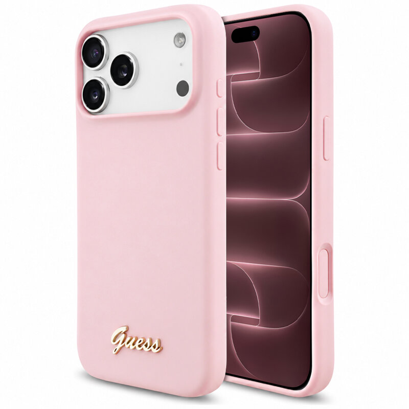 Husa Guess iPhone 18 Pro Max Silicone Script Metal Logo MagSafe, roz, GUHMP18XSMBSLP