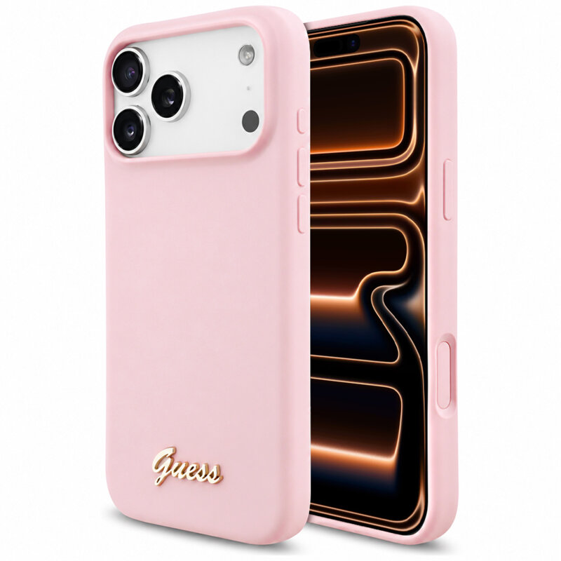 Husa Guess iPhone 17 Pro Max Silicone Script Metal Logo MagSafe, roz, GUHMP18XSMBSLP