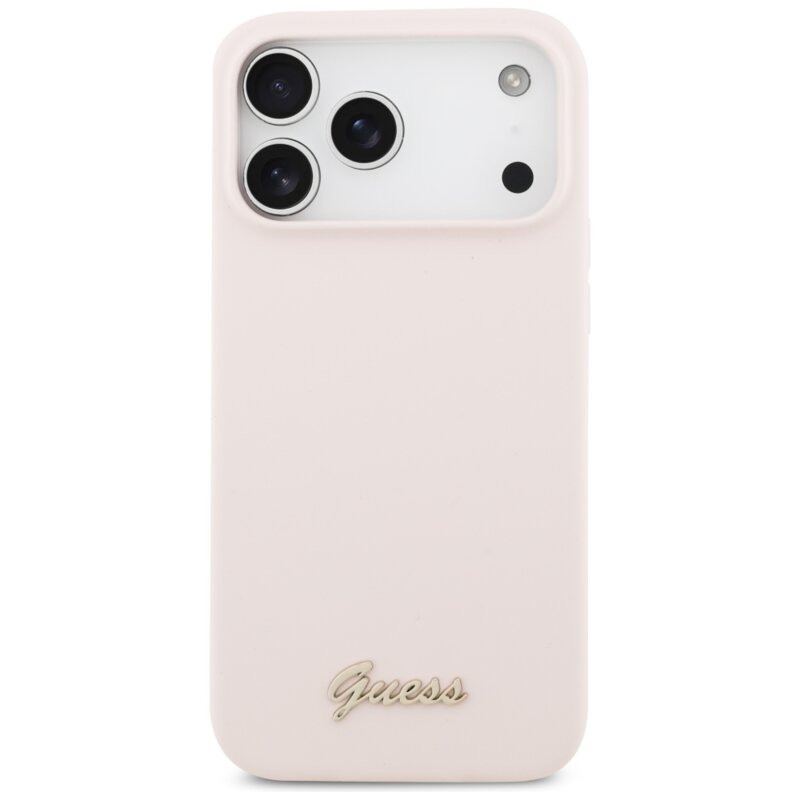 Husa Guess iPhone 17 Pro Max Silicone Script Metal Logo MagSafe, roz, GUHMP18XSMBSLP