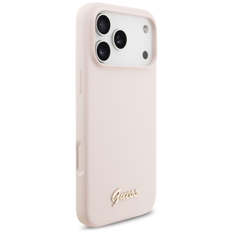 Husa Guess iPhone 17 Pro Max Silicone Script Metal Logo MagSafe, roz, GUHMP18XSMBSLP