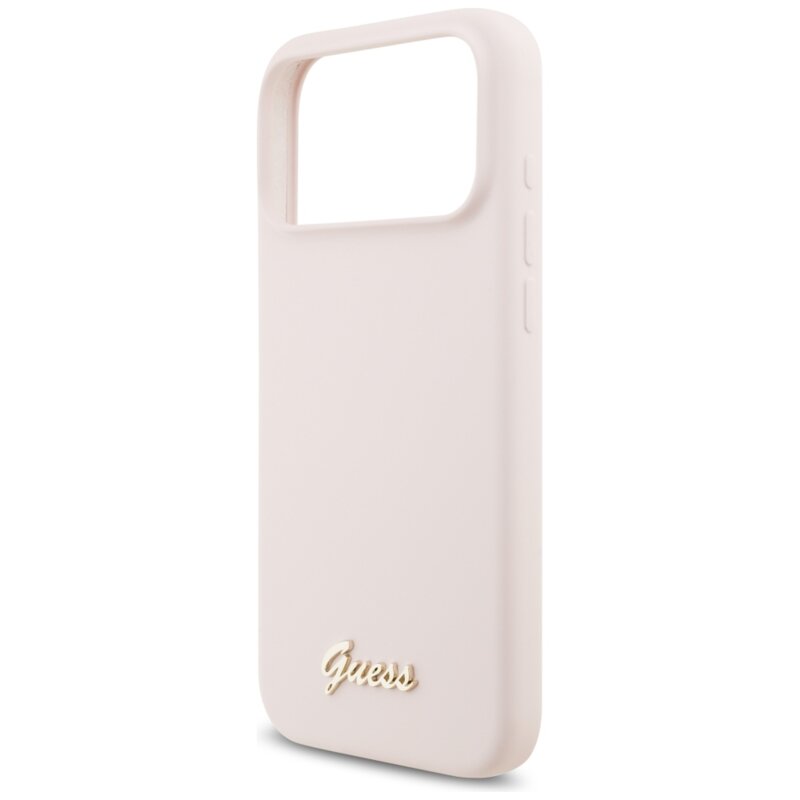 Husa Guess iPhone 17 Pro Max Silicone Script Metal Logo MagSafe, roz, GUHMP18XSMBSLP