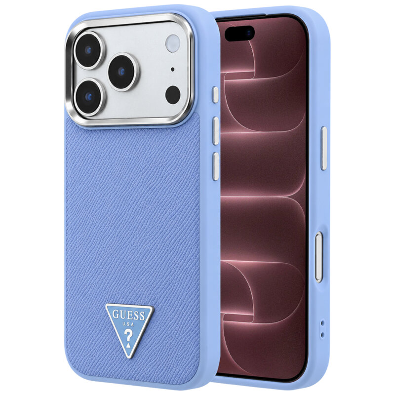 Husa originala Guess iPhone 18 Pro Max Grained Triangle Logo MagSafe, bleu, GUHMP18XPGSMTLSB