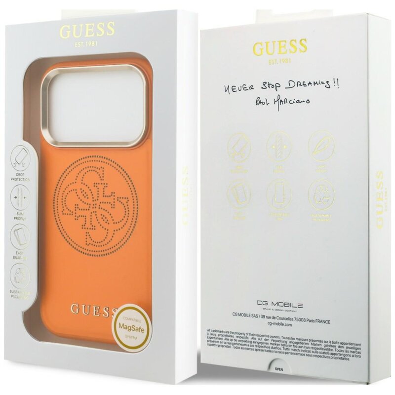 Husa iPhone 18 Pro Guess Leather Perforated 4G MagSafe, oranj, GUHMP18L5PG4SRGO