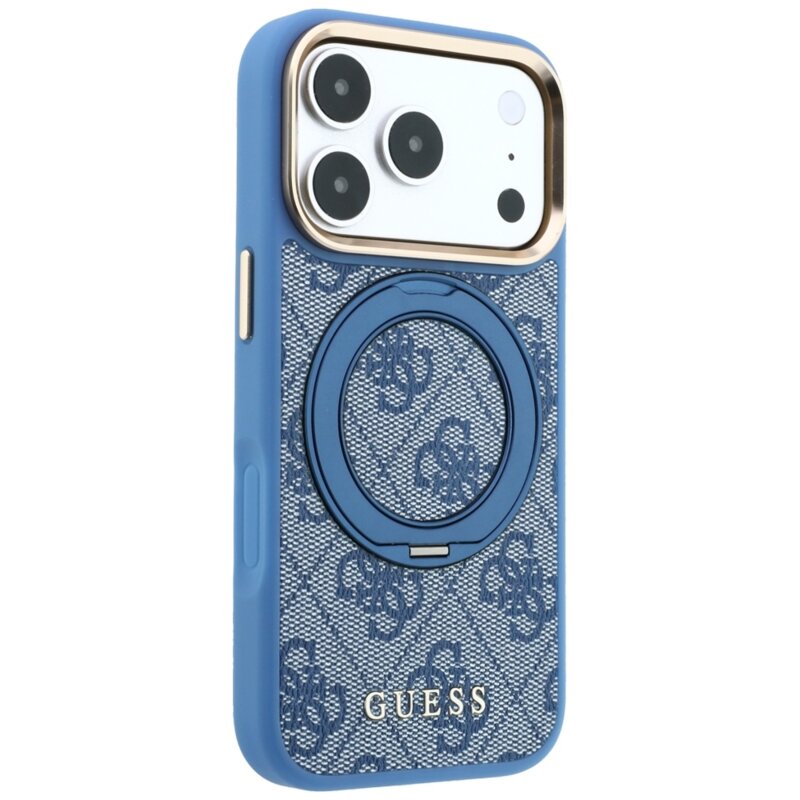 Husa Guess iPhone 18 Pro Ring Stand 360 4G Leather Classic Logo MagSafe, bleu, GUHMP18L6PS4RSCLB