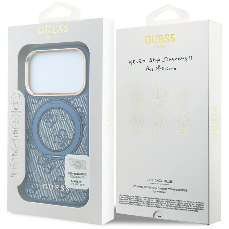 Husa Guess iPhone 18 Pro Ring Stand 360 4G Leather Classic Logo MagSafe, bleu, GUHMP18L6PS4RSCLB