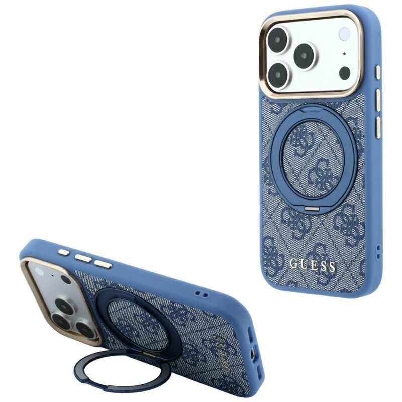 Husa Guess iPhone 18 Pro Max Ring Stand 360 4G Leather Classic Logo MagSafe, bleu, GUHMP18X6PS4RSCLB