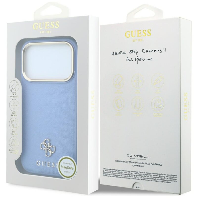 Husa Guess iPhone 18 Pro Saffiano Small 4G Classic MagSafe, bleu, GUHMP18L6PSA4DMB