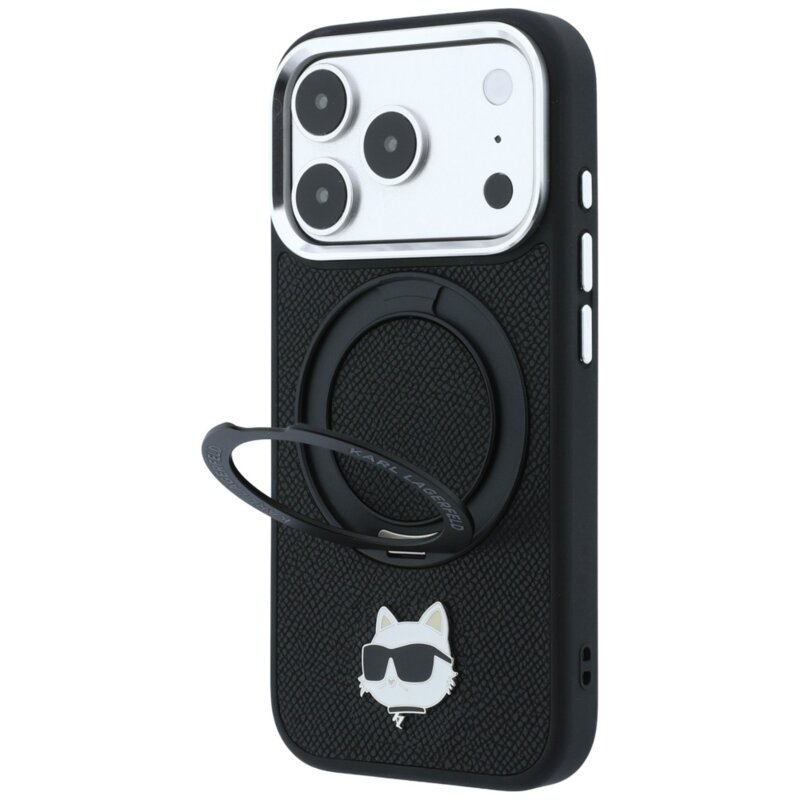 Husa iPhone 18 Pro Karl Lagerfeld Leather Ring Stand 360 C Pin MagSafe, negru, KLHMP18LPSRSCHHK