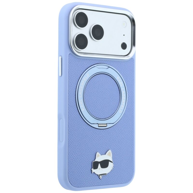Husa iPhone 18 Pro Max Karl Lagerfeld Leather Ring Stand 360 C Pin MagSafe, bleu, KLHMP18XPSRSCHHB