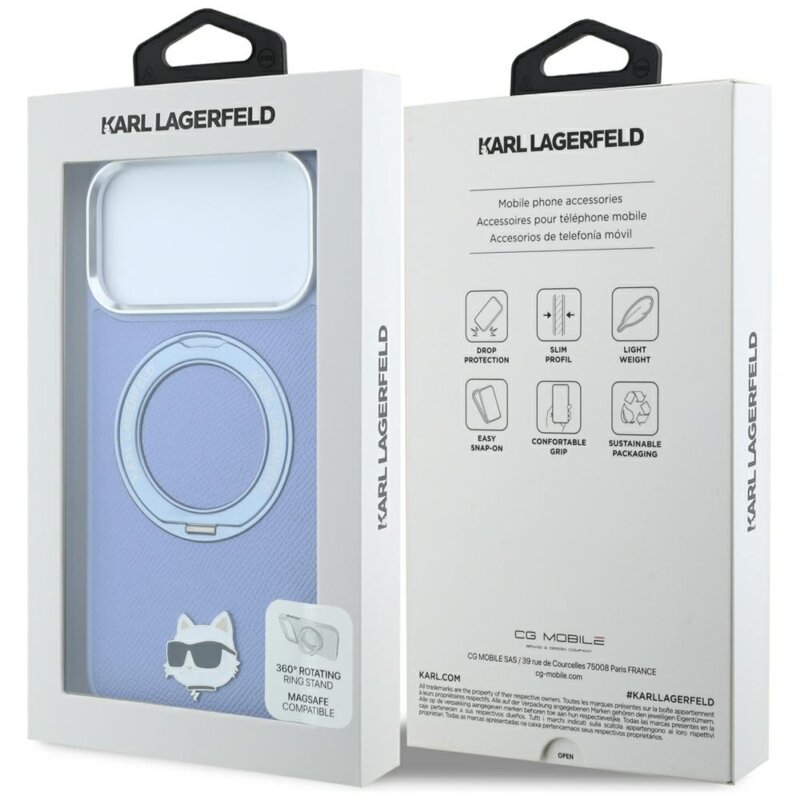 Husa iPhone 18 Pro Max Karl Lagerfeld Leather Ring Stand 360 C Pin MagSafe, bleu, KLHMP18XPSRSCHHB