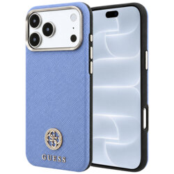 Husa originala Guess iPhone 18 Pro Grained Leather Round Strass Logo MagSafe, bleu, GUHMP18L6PSRMDEB