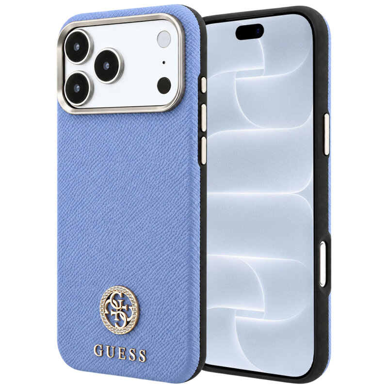Husa originala Guess iPhone 18 Pro Grained Leather Round Strass Logo MagSafe, bleu, GUHMP18L6PSRMDEB