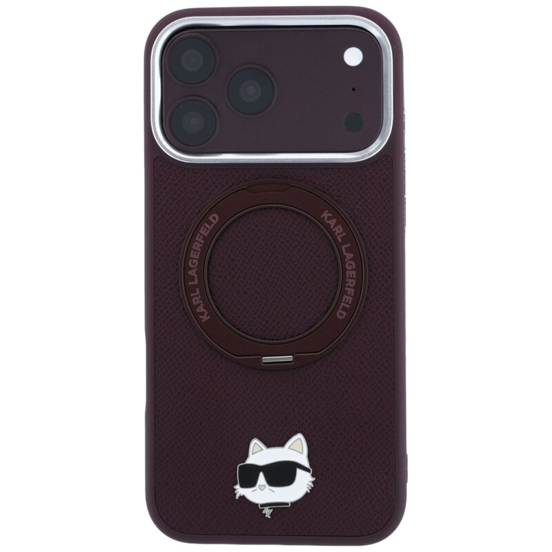 Husa iPhone 18 Pro Max Karl Lagerfeld Leather Ring Stand 360 C Pin MagSafe, bordo, KLHMP18XPSRSCHHR