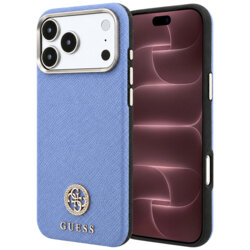 Husa originala Guess iPhone 18 Pro Max Grained Leather Round Strass Logo MagSafe, bleu, GUHMP18X6PSRMDEB