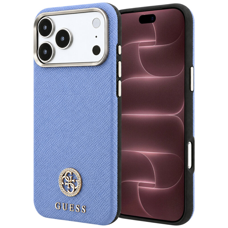 Husa originala Guess iPhone 18 Pro Max Grained Leather Round Strass Logo MagSafe, bleu, GUHMP18X6PSRMDEB