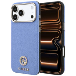 Husa originala Guess iPhone 17 Pro Max Grained Leather Round Strass Logo MagSafe, bleu, GUHMP18X6PSRMDEB