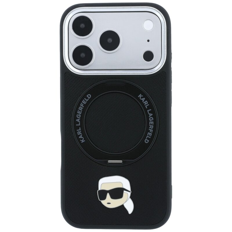 Husa iPhone 18 Pro Karl Lagerfeld Leather Ring Stand 360 K Pin MagSafe, negru, KLHMP18LPSRSKLHK