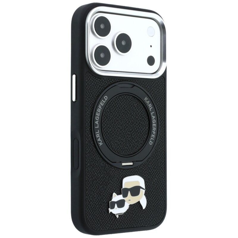 Husa iPhone 18 Pro Max Karl Lagerfeld Leather Ring Stand 360 KC Pin MagSafe, negru, KLHMP18XPSRSKCHK