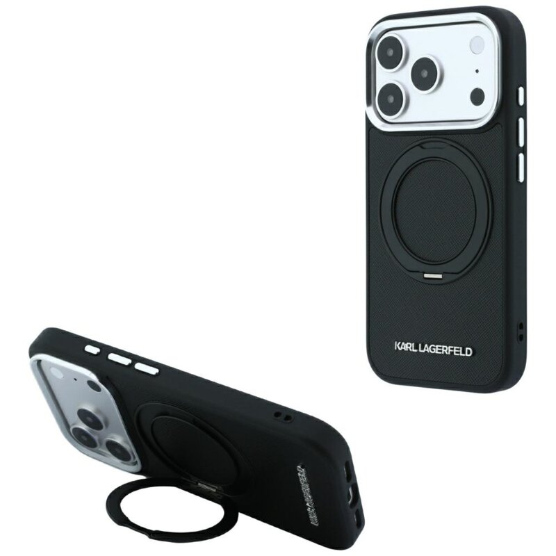 Husa originala iPhone 18 Pro Max Karl Lagerfeld Ring Stand 360 Saffiano MagSafe, negru, KLHMP18X6PSARSKMK