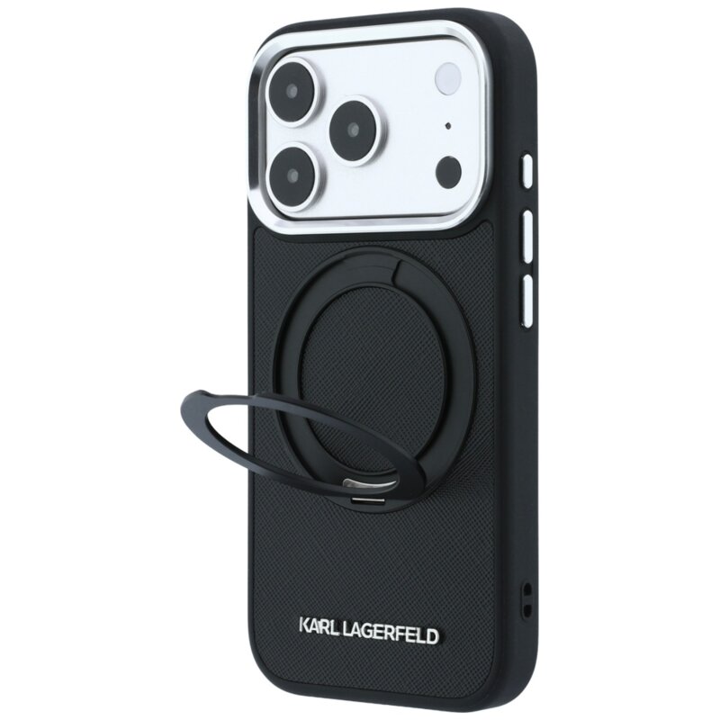 Husa originala iPhone 18 Pro Max Karl Lagerfeld Ring Stand 360 Saffiano MagSafe, negru, KLHMP18X6PSARSKMK