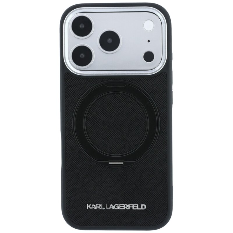 Husa originala iPhone 18 Pro Max Karl Lagerfeld Ring Stand 360 Saffiano MagSafe, negru, KLHMP18X6PSARSKMK
