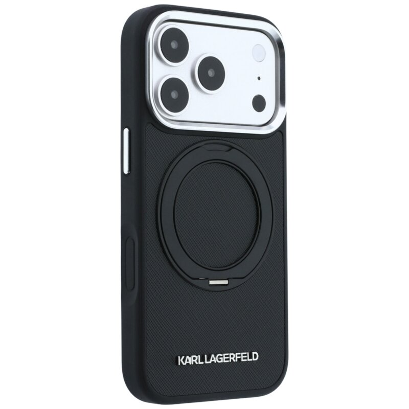Husa originala iPhone 18 Pro Karl Lagerfeld Ring Stand 360 Saffiano MagSafe, negru, KLHMP18L6PSARSKMK