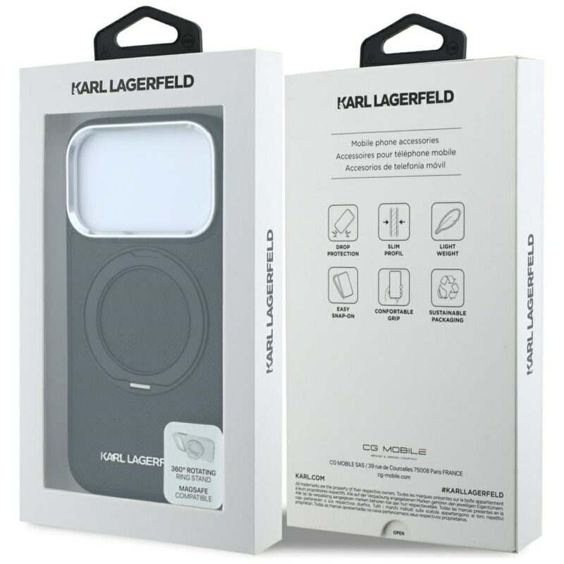 Husa originala iPhone 18 Pro Karl Lagerfeld Ring Stand 360 Saffiano MagSafe, negru, KLHMP18L6PSARSKMK
