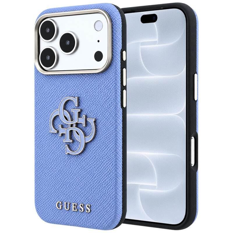 Husa originala Guess iPhone 18 Pro Grained Leather and Big Resin Logo, bleu, GUHCP18L6PSS4RGB