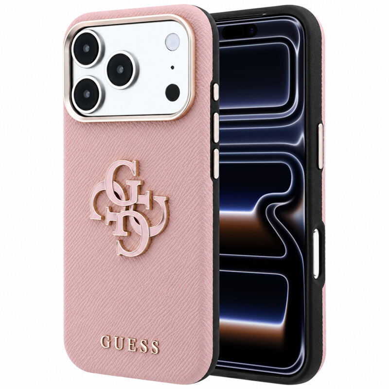 Husa originala Guess iPhone 17 Pro Grained Leather and Big Resin Logo, roz, GUHCP18L6PSS4RGP