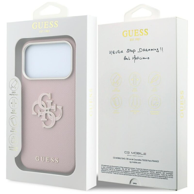 Husa originala Guess iPhone 17 Pro Grained Leather and Big Resin Logo, roz, GUHCP18L6PSS4RGP