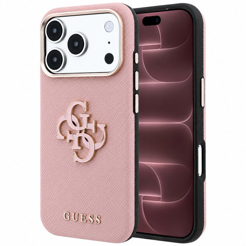 Husa originala Guess iPhone 18 Pro Max Grained Leather and Big Resin Logo, roz, GUHCP18X6PSS4RGP