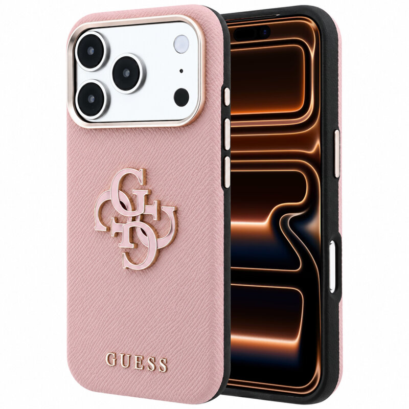 Husa originala Guess iPhone 17 Pro Max Grained Leather and Big Resin Logo, roz, GUHCP18X6PSS4RGP