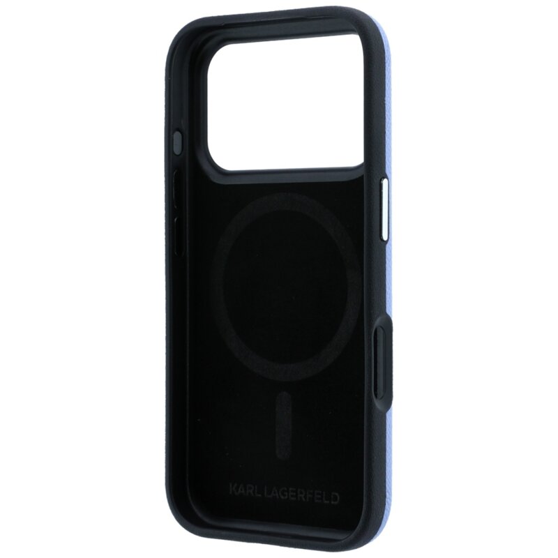 Husa iPhone 18 Pro Max Karl Lagerfeld Grained Leather KC Heads Metal MagSafe, bleu, KLHMP18X6PSKCHLB