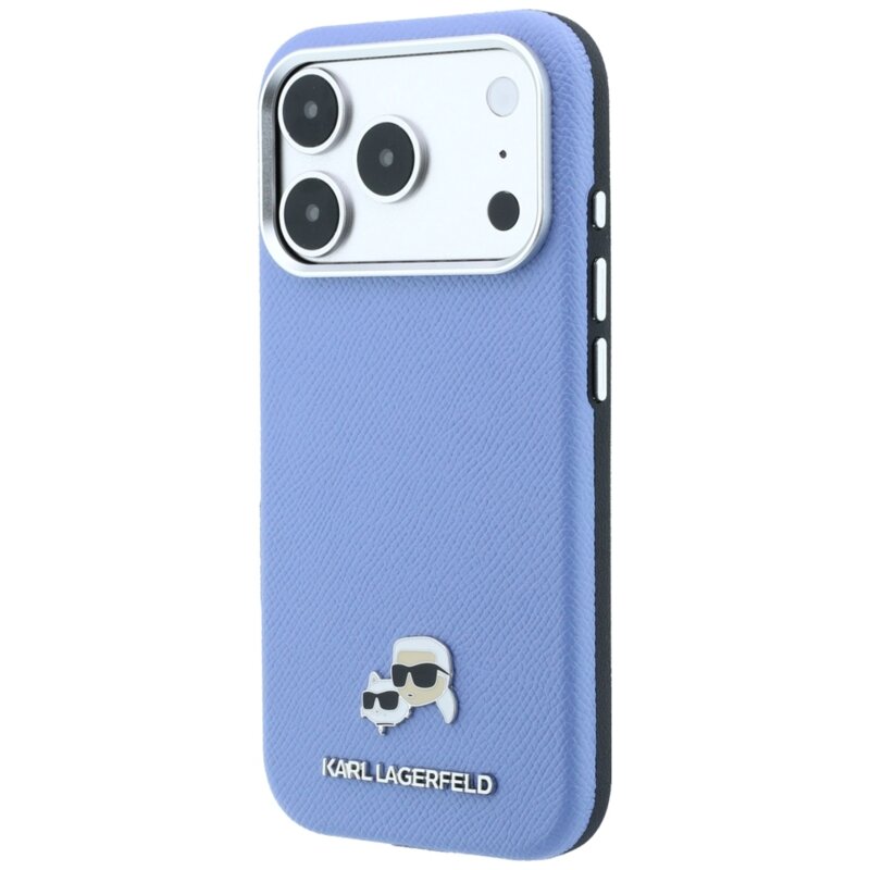 Husa iPhone 18 Pro Karl Lagerfeld Grained Leather KC Heads Metal MagSafe, bleu, KLHMP18L6PSKCHLB