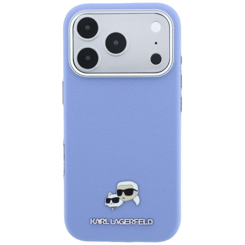 Husa iPhone 18 Pro Karl Lagerfeld Grained Leather KC Heads Metal MagSafe, bleu, KLHMP18L6PSKCHLB