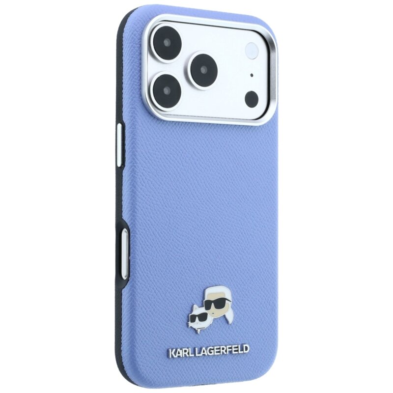 Husa iPhone 18 Pro Karl Lagerfeld Grained Leather KC Heads Metal MagSafe, bleu, KLHMP18L6PSKCHLB