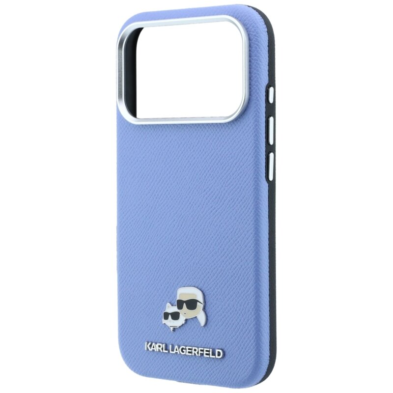 Husa iPhone 18 Pro Karl Lagerfeld Grained Leather KC Heads Metal MagSafe, bleu, KLHMP18L6PSKCHLB