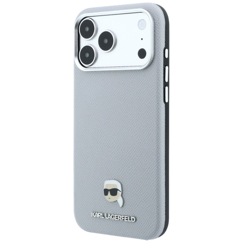 Husa iPhone 18 Pro Max Karl Lagerfeld Grained Leather KH Metal MagSafe, gri, KLHMP18X6PSKHLG