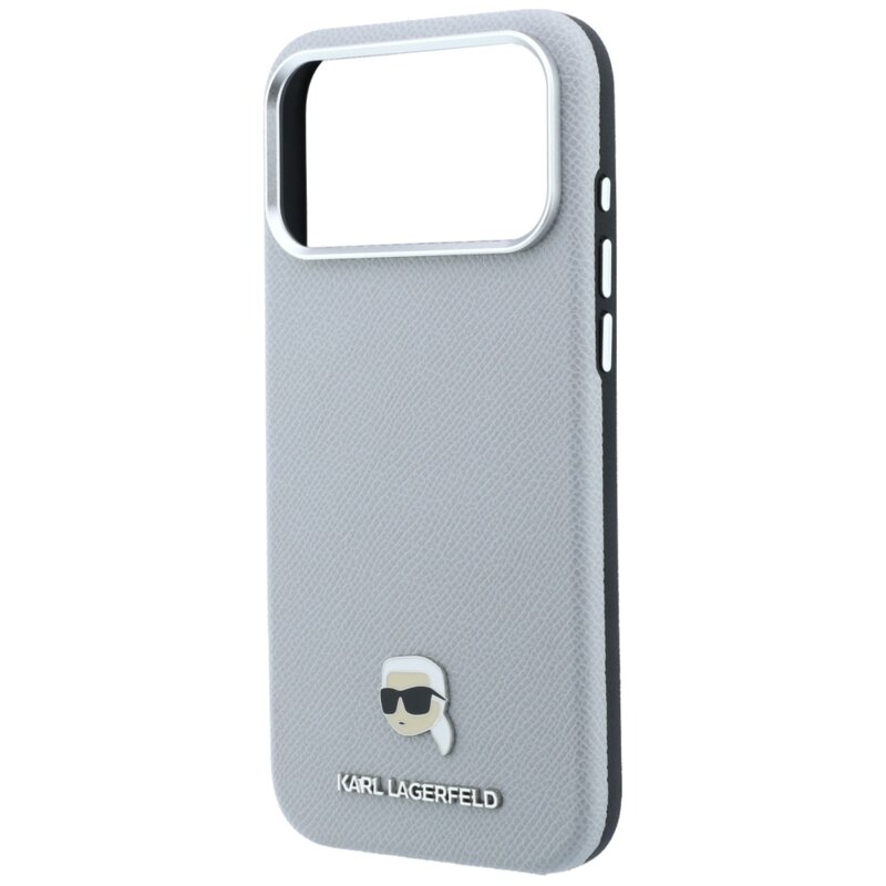 Husa iPhone 18 Pro Max Karl Lagerfeld Grained Leather KH Metal MagSafe, gri, KLHMP18X6PSKHLG