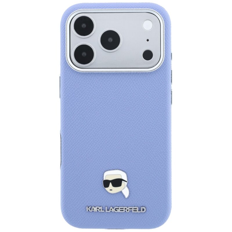 Husa iPhone 18 Pro Max Karl Lagerfeld Grained Leather KH Metal MagSafe, bleu, KLHMP18X6PSKHLB