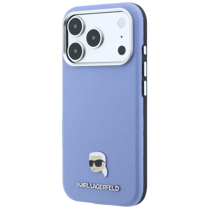 Husa iPhone 18 Pro Max Karl Lagerfeld Grained Leather KH Metal MagSafe, bleu, KLHMP18X6PSKHLB