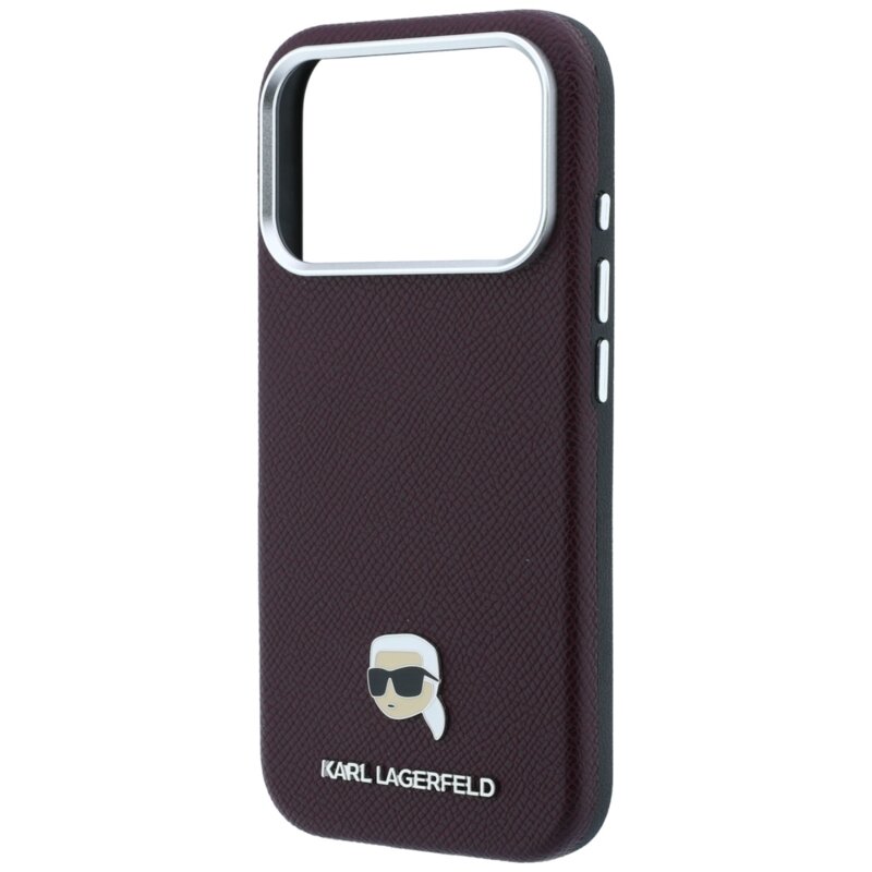 Husa iPhone 18 Pro Karl Lagerfeld Grained Leather KH Metal MagSafe, bordo, KLHMP18L6PSKHLR