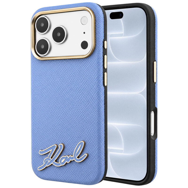 Husa iPhone 18 Pro Karl Lagerfeld Leather MagSafe, bleu, KLHMP18L6PWKSRSB