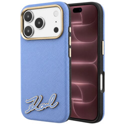 Husa iPhone 18 Pro Max Karl Lagerfeld Grained Leather Resin Sign Logo MagSafe, bleu, KLHMP18X6PWKSRSB