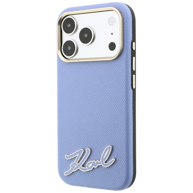Husa iPhone 18 Pro Max Karl Lagerfeld Grained Leather Resin Sign Logo MagSafe, bleu, KLHMP18X6PWKSRSB
