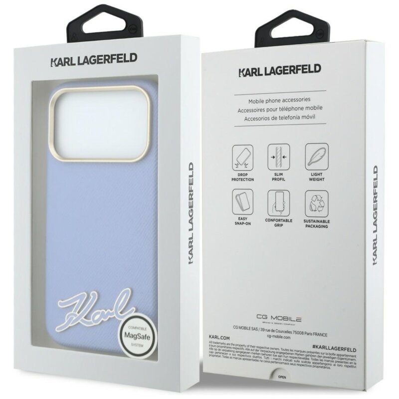 Husa iPhone 18 Pro Max Karl Lagerfeld Grained Leather Resin Sign Logo MagSafe, bleu, KLHMP18X6PWKSRSB